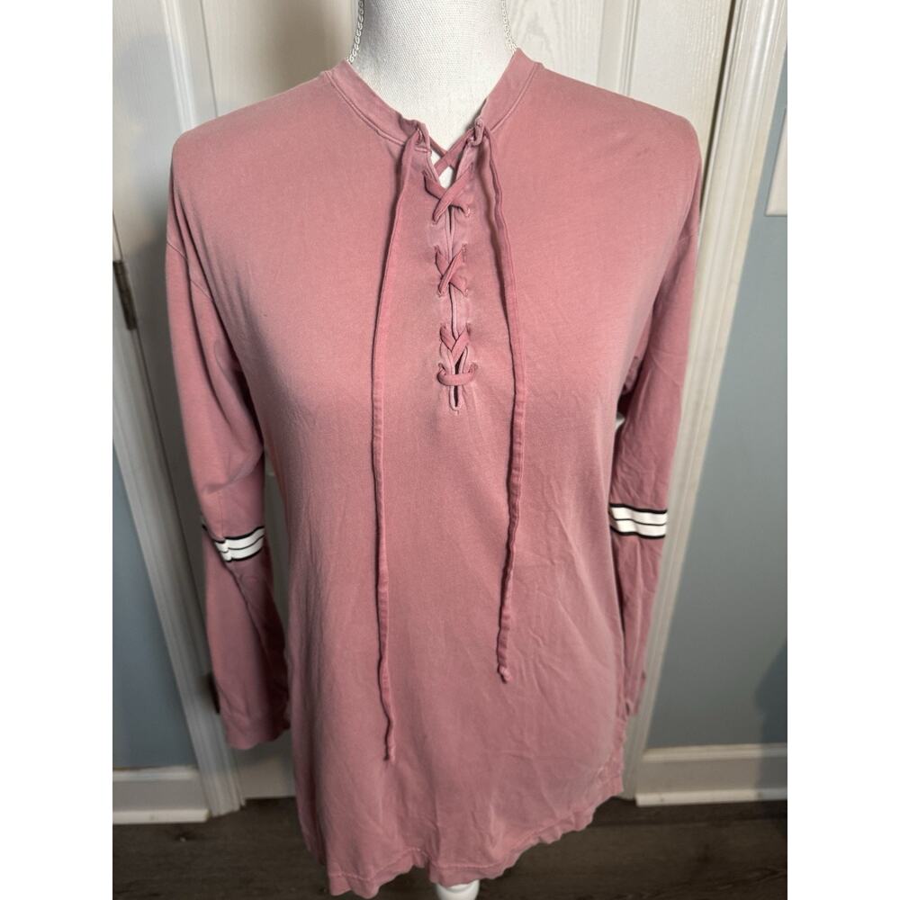 Victorias Secret Pink Womens Shirt Size XS Long Sleeve Mauve Tie Stripe Tee Dog